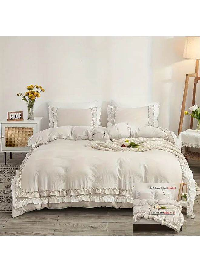 Queen Size Duvet Cover Set White Camel Polyester Ruffle Bedding Boho Style - Image 1